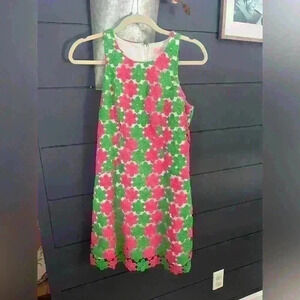 Lilly Pulitzer 'PEARL' Dress Pink & Green Crochet Lace Flower Sheath Sz 2